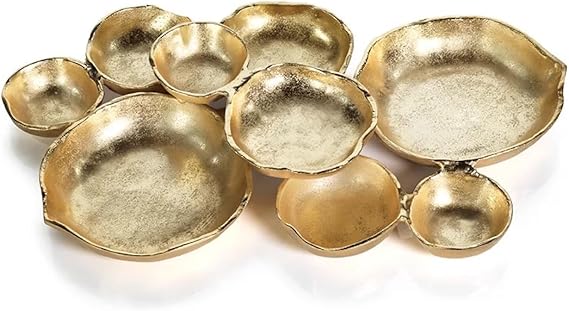 Zodax Cluster of 9 Round Bright Gold Serving Bowls, 19 x 12 x 2.5 in