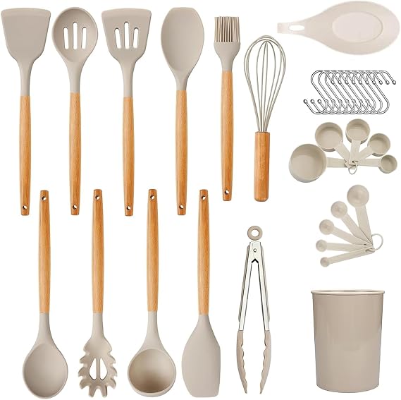 Cooking Utensil Set - 33 Piece Non-Stick Silicone Kitchen Utensil Kit with Wooden Handle, Slotted Spatula, Spoons, Ladle, and Measuring Spoons, Basting Brush, Egg Beater, Tongs. Khaki.