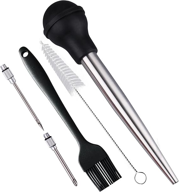 Turkey Baster, Baster Syringe for Cooking, Baster with Cleaning Brush &BBQ Brush&Marinade Needles, Stainless Steel Turkey Baster with Silicone Bulb, Baster for Home Baking&Kitchen Black