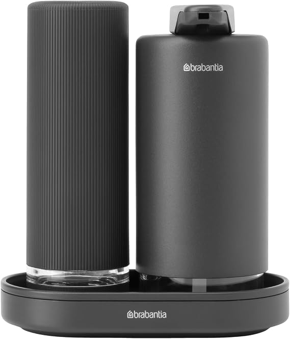 Brabantia - SinkStyle Soap Dispenser Set with 2 Stylish Dispensers for Hand and Dish Soap, Textured Tray, and Soap Squeezer – Mineral Infinite Grey, 2 x 200 ml