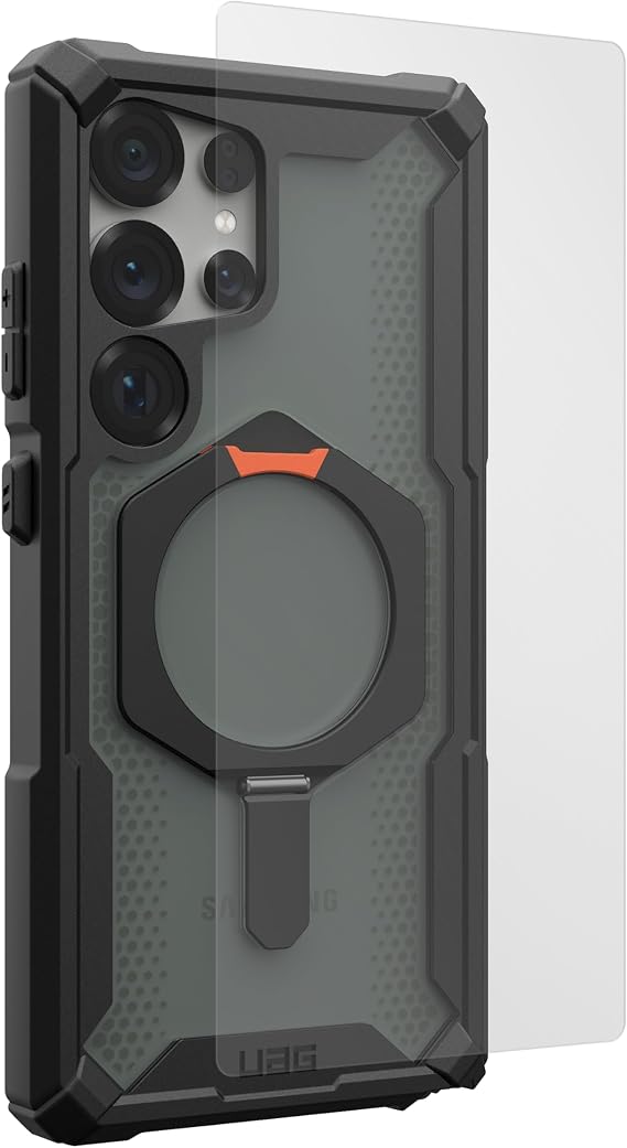 URBAN ARMOR GEAR UAG Designed for Samsung Galaxy S25 Ultra Case Plasma XTE, Compatible with Magnetic Charging Bundle with Glass Shield Screen Protector (Black/Orange + Clear)