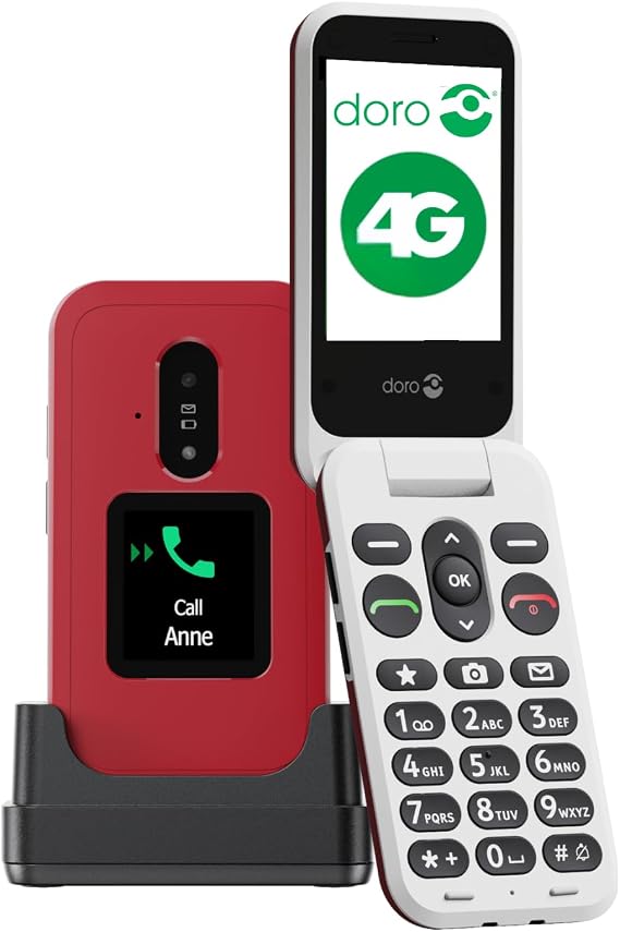 Doro - Leva E30 4G Seniors Folding Phone - Large Display 2.8" External Display, Contrast Buttons, Loud & Clear Sound, Camera - Secure Button - with Charging Base - Red/White