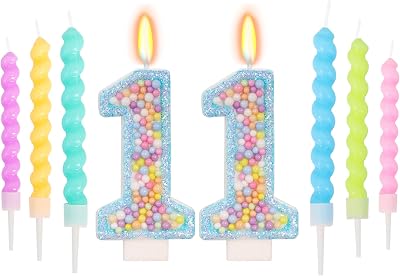 Number 11 Birthday Candle with 6 Pcs Spiral Candles, Colorful Macaron Candles for Girls, Macaron Pastel Rainbow Blue Cake Topper for Sweet Theme Party Decoration