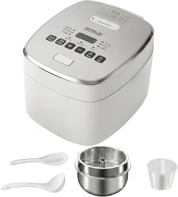 OCTAVO Low Carb Rice Cooker, 5-Cup Uncooked Stainless Steel Inner Pot, Low Sugar Rice Maker with 24H Timer and Auto Keep Warm, Small Rice Maker LED Display, White Rice/Brown Rice/Grains/Oatmeal, Bead-blasted