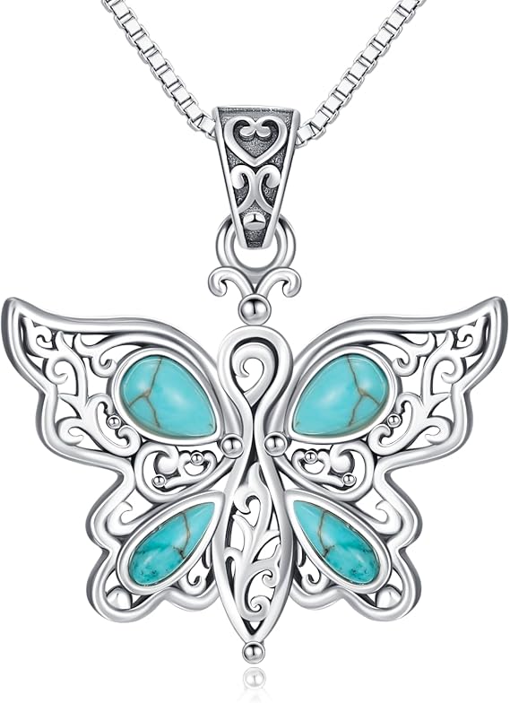 Genuine Turquoise Butterfly Pendant Necklace Sterling Silver Boho Native Vintage Necklace Western Jewellery Birthday Gift for Women