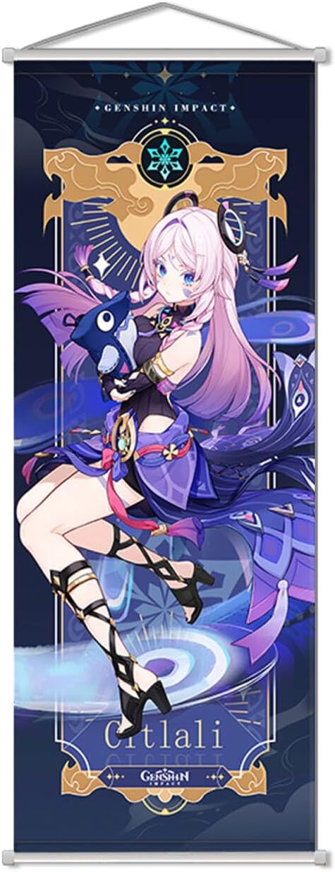 Rainteam Anime Poster Game Hanging Wall Art Artistic Canvas Genshin Character Posters with Rods for Living Room Bedroom Decor(29.5 inch x 11 inch) (Citlali)