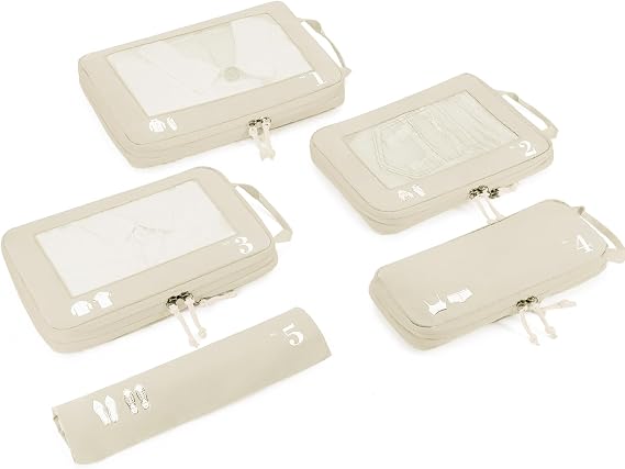 ECOHUB 5 Set Compression Packing Cubes for Suitcases Organiser Bags Travel Accessories with Shoes Bag Tear-resistant Travel Cubes with ID Tag Expandable Packing Bags(Beige)