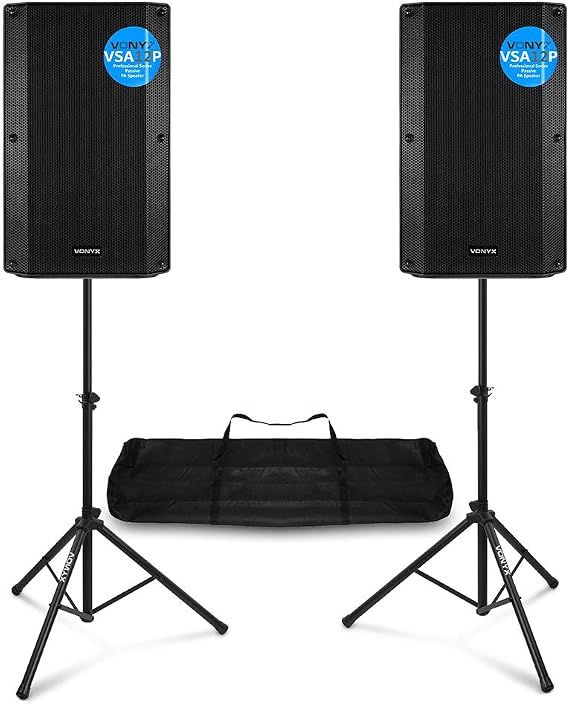 Vonyx VSA12P 12-Inch Passive PA Speaker Pair 1600W with Adjustable Tripod Stands & Carry Bag - Professional Live Sound System for DJs, Bands & Events