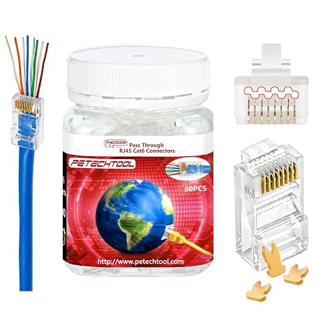 RJ45 23AWG Cat6a Cat6 Large Connector Gold Plated 8P8C Pass Through Plug UTP Network Ends for Unshielded Twisted Pair Solid Wire & Standard Cables | Transparent Passthrough Ethernet Insert(50Packs)