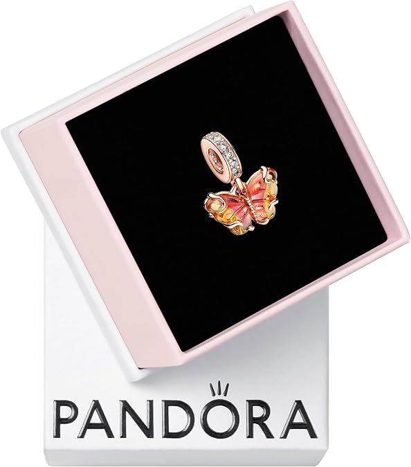 PANDORA Moments Pink & Yellow Murano Glass Butterfly Dangle Charm - 14k Rose Gold-Plated Charm with Cubic Zirconia & Murano Glass - Gift for Her - Includes Gift Box