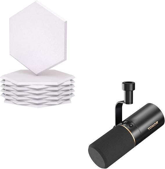 TONOR USB/XLR Dynamic Microphone TD510, Bundle with 12 Pack Hexagon Acoustic Panels White