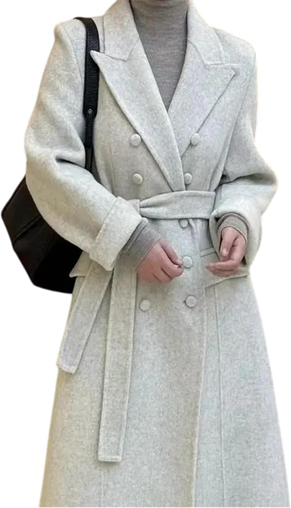 Wool Overcoat For Women Lapel Solid Color Double Breasted Long Overcoats Winter