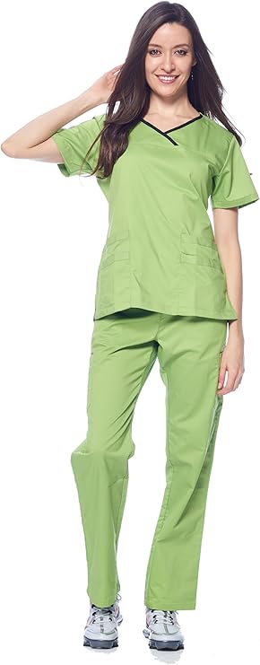 Dagacci Medical Uniform Scrubs for Women Set Natural Stretch Contrast Binding Top and Pants Sets for Women 9 Pockets