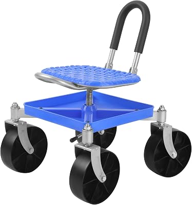 Rolling Garden Seat, Utility Garden Stool with Flat Wheels, Foldable Lazy Seat Stool, Picking Rotary Tool Cart with Storage Shelf, Adjustable Height 360 Degree Swivel Blue2