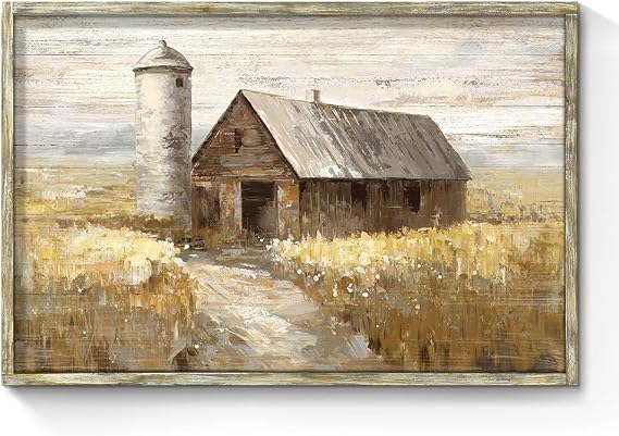 SunFlax Rustic Barn Autumn Wheat Fields Framed Wooden Wall Art 36"x24"