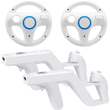 Steering Wheel and Zapper Gun Set Compatible with Wii Wii U Remote (Pack of 2, White)