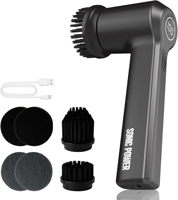 SonicPower Electric Spin Scrubber Handheld & Ergonomic, IPX7 Waterproof, 4 Multi-Purpose Brush Heads, Long-Lasting Rechargeable Battery Cleans Dishes, Bathroom, Tile, Grout & Kitchen (Black)