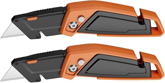 Folding Box Knife with Blade Storage, Cutter Knife with 3 Blades, Compact with Side Release Button(*2)