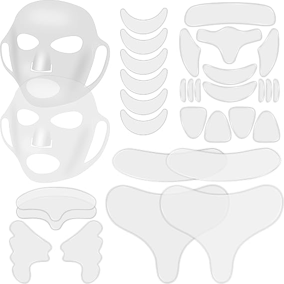 Maitys 32 Pcs Silicone Face Mask & Anti-Wrinkle Patches,Clear, Milk White | Face Mask Cover Holder with Neck Chest Forehead Eye Mouth Wrinkle Patches, Reusable, Smoothing Overnight for Women