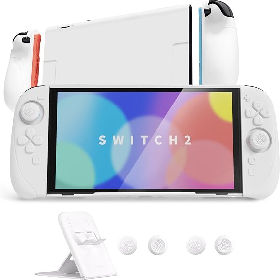 playvital Full Protection Case for Nintendo Switch 2 Dockable Silicone Grip Case with Hard Shell for Switch 2 Case with Adjustable Stand and Joystick Caps Accessories White (Ranger)