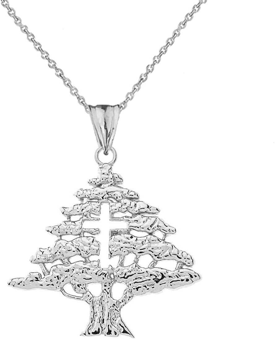 Fine Sterling Silver Lebanese Cedar Tree with Cut-Out Cross Pendant Necklace