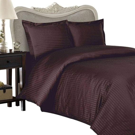300-Thread-Count 100% Egyptian Cotton300TC Duvet Set and 2 Shams, Queen, Chocolate Damask Stripe 300 TC