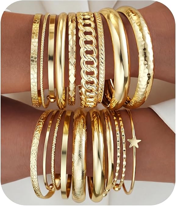 IF ME Gold Bangle Bracelets for Women, 19Pcs Multi Stackable Textured Bangles Set, 14K Gold Plated Chunky Bracelet Boho Jewelry Gifts