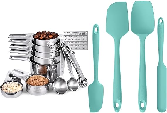 U-Taste Measuring Cups and Spoons Set of 15 in 18/8 Stainless Steel, and Upgraded 600oF High Resistant Flexible and Sturdy Silicone Spatula Set of 4 (Aqua Sky)