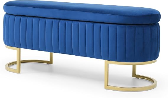 Storage Bench with Metal Legs, Elegant Upholstered Velvet Oval Bench, 50" Modern Storage Ottoman Suitable for Bedroom, Living Room, Entryway, Window, Blue
