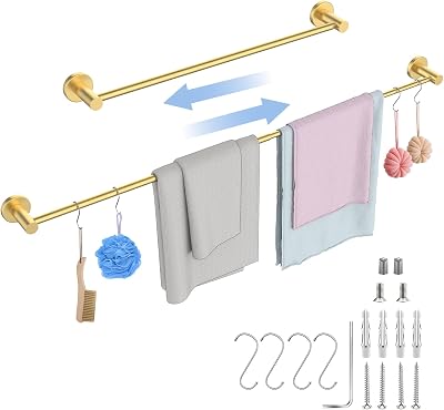 Adjustable Single Bath Towel Bar 23.6 to 42 Inch, ZUEXT Brushed Gold Stainless Steel Towel Holder Hanger, Expandable Wall Mounted Towel Rail for Bathroom Kitchen Washroom,1 Tube Towel Rail Racks