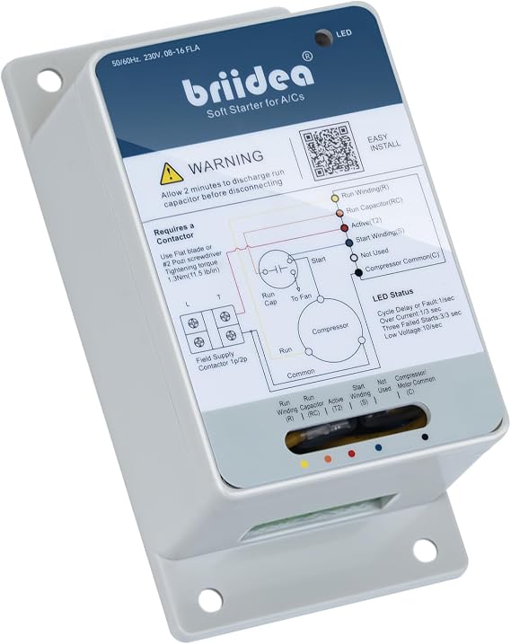 briidea 816A AC Soft Start Kit for Home Air Conditioner (1.753.5 Ton), Reverse Motor Protection, 70% Start-Up Current Reduction, Quiet Operation, Works with Utility & Generator Power