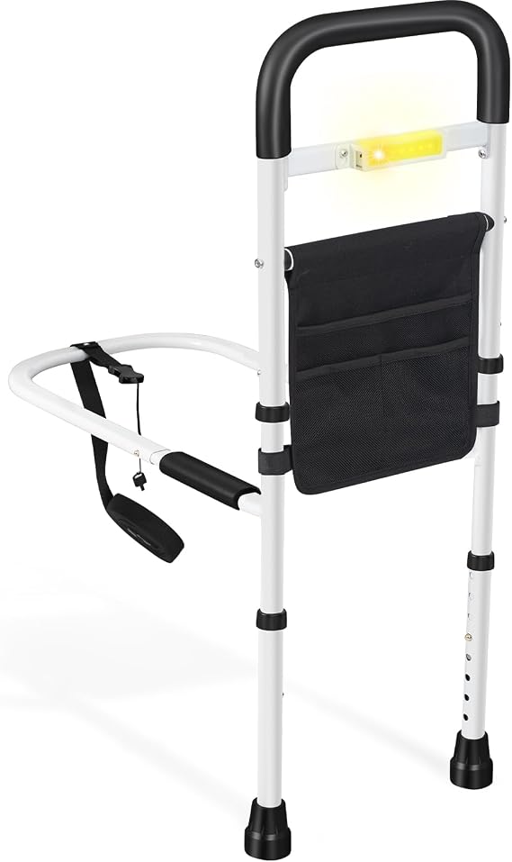 Panta Bed Rails for Elderly Adults Safety, Adjustable Bed Assist Rails for Seniors with Motion Light, Bed Side Rails with Support Legs and Storage Pocket, Portable Bed Cane (Black)