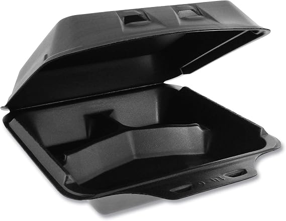 Pactiv Evergreen SmartLock Foam Hinged Lid Container, Large, 3-Compartment, 9 x 9.5 x 3.25, Black, 150/Carton