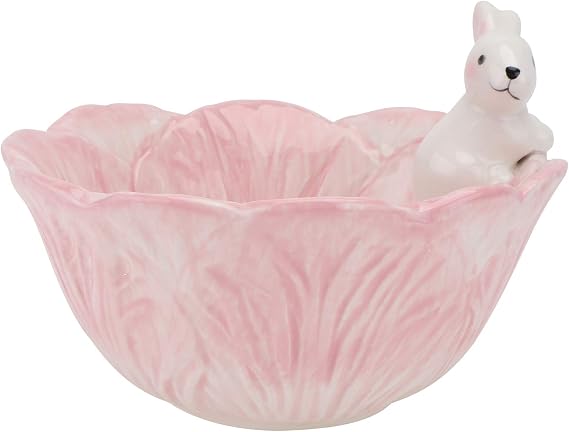 Ceramic Easter Bowl, Bunny Candy Dish, Green Cabbage Shaped Cute Bowl, Easter Serving Bowl for Fruit Salad Dessert Bowl Snack Serving (Pink bowl)