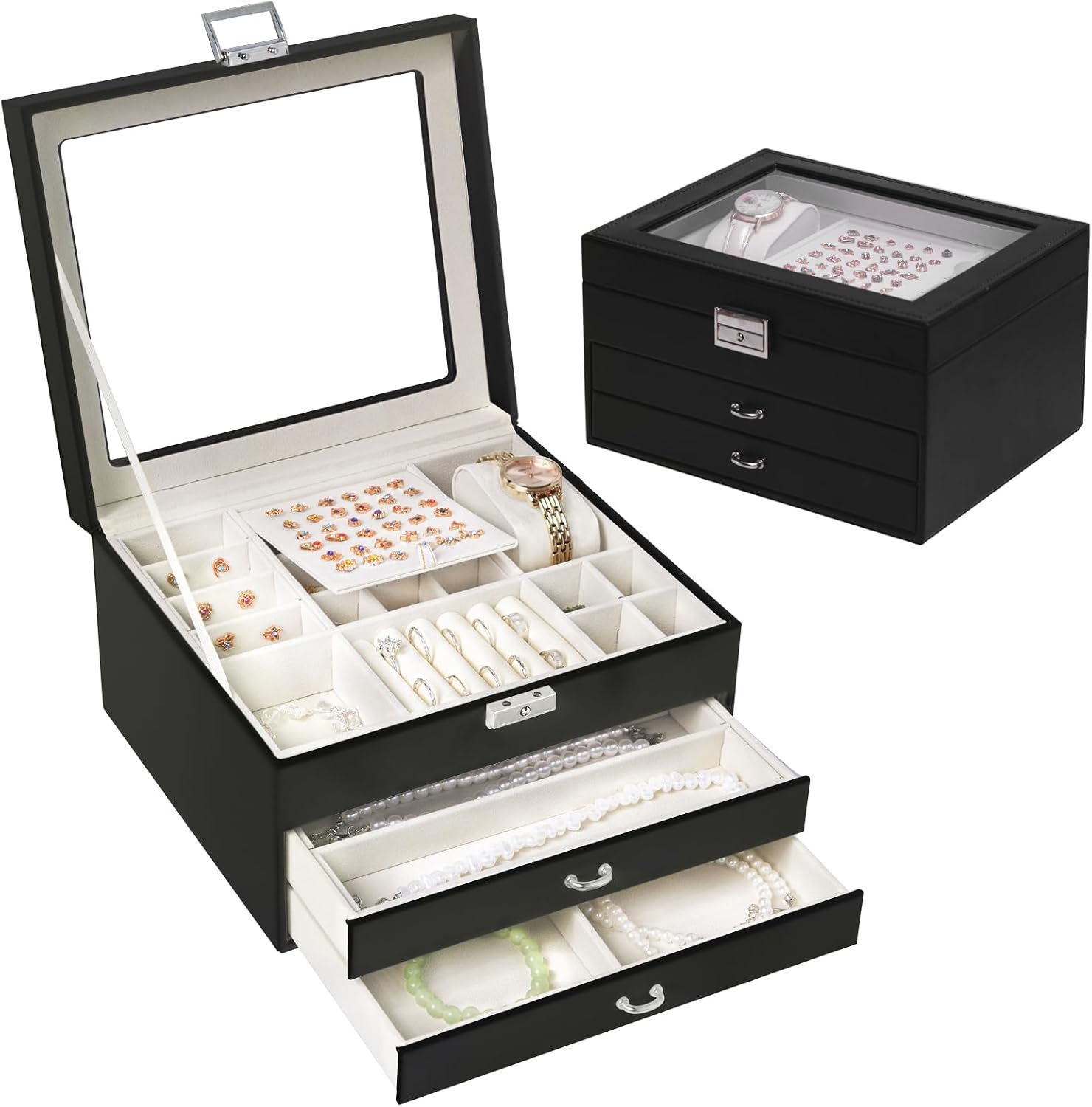 Yoobao Jewelry Boxes for Women with Transparent Lid and Lock, 3 Layers Jewelry Organizers and Storage for Necklaces Earrings Bracelets Rings Watches, Ideal Present for Anniversary Graduation New Year
