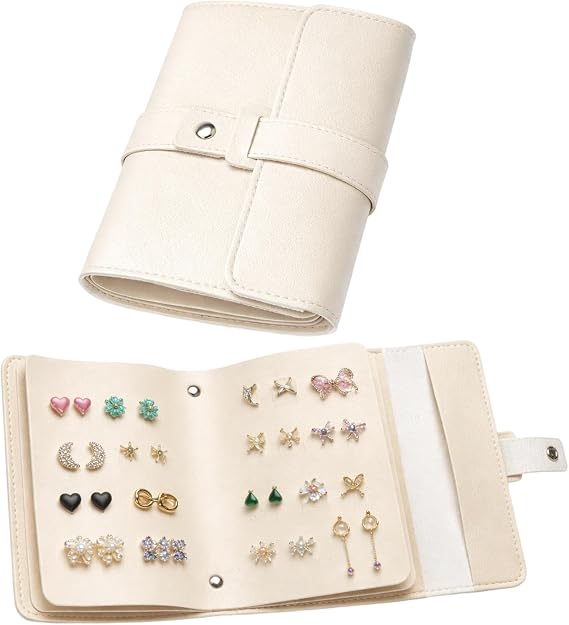 Earring Storage Organiser, Earring Book, Small Book Storage Bags With Button Portable Jewellery Rolls, Portable Earring Storage for Business Trips, Vacations or Special Occasions (Beige)