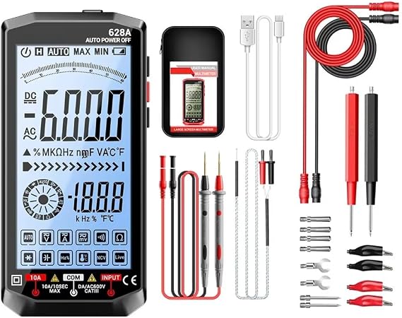 Digital Multimeter 628A with Large Backlit Display, 1000V DC / 750V AC Range, Auto-Ranging True RMS Detector Test Tool for Automotive & Household Use(628A Black Pro)