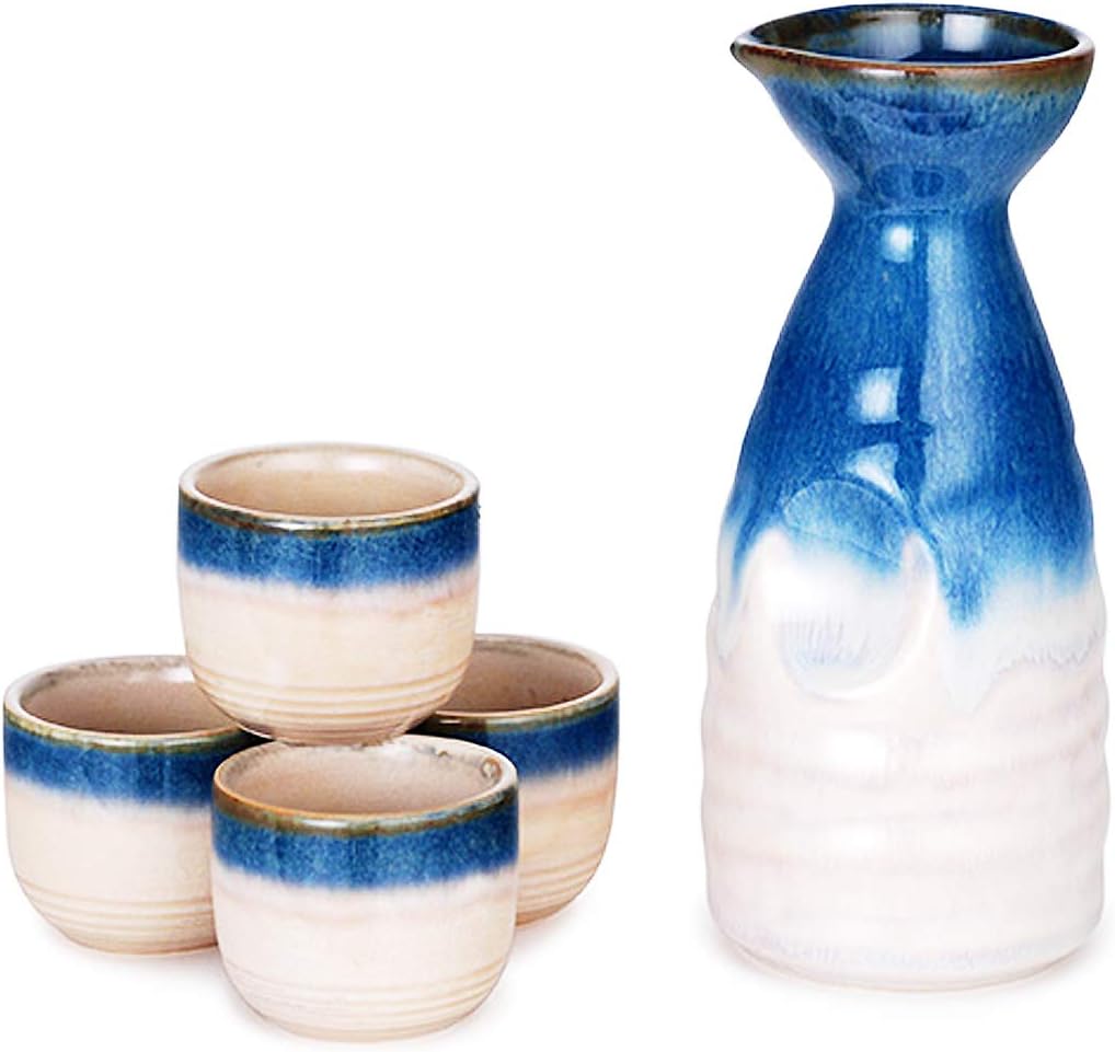 Happy Sales HSSS-MTAOI, Perfect 5 pc Japanese Design Ceramic Sake set, Mt Blue