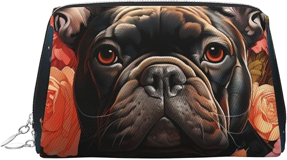Travel Makeup Bag Large Capacity Cosmetic Bags Waterproof Portable Toiletry Bag Bulldog and Flowers Make Up Bags with Zipper Aesthetic Makeup Case Organizer for Women