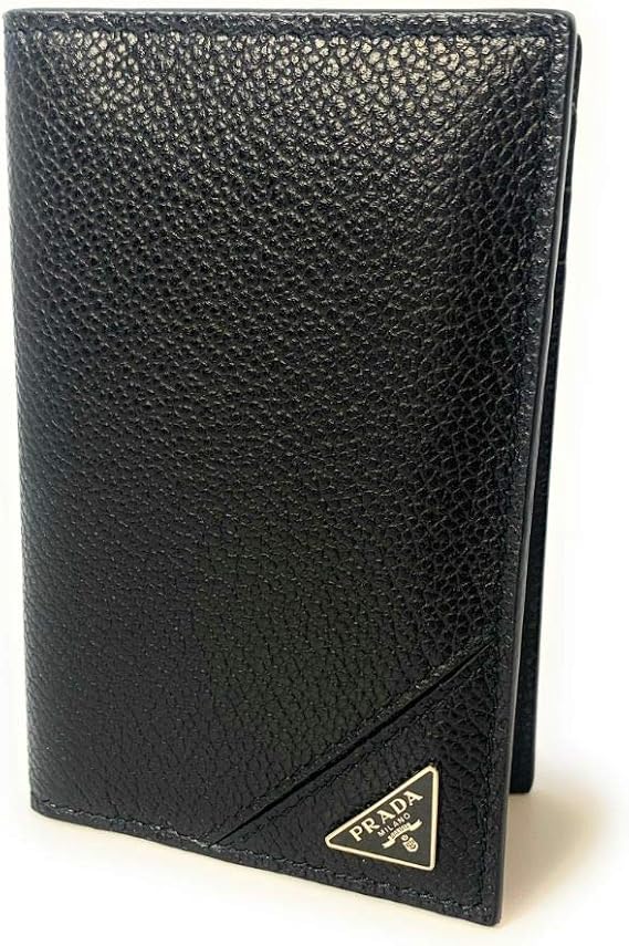Prada Black Vitello Grain Leather Vertical Bifold Wallet New | Silver-tone hardware Triangle logo detail Six card slots Two bill slots Box included and Authenticity cards