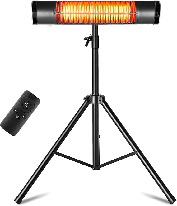 Electric Outdoor Heater, 1500W Carbon Infrared Heaters with Remote, Tripod Mounted Radiant Patio Heater with 3 Heat Settings, 8H Timer for Outdoor, Garage, Yard