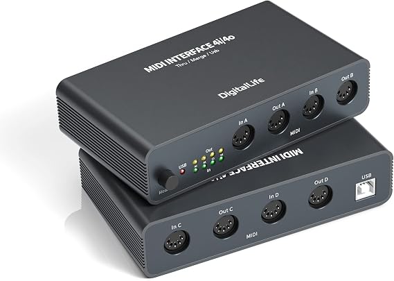 DigitalLife Quad I/O Pro 4x4 USB MIDI Interface - Merge,Thru & Splitter Box