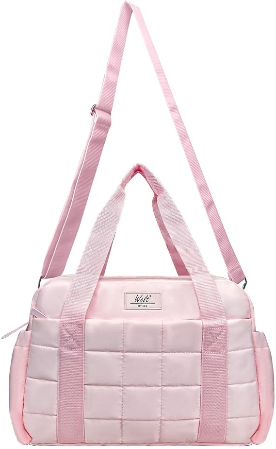 WOLT Small Gym Bag for Women, 14 inch Lightweight Gym Duffle Bag with Wet Compartment Quilted Tote for Sports Workout, Pink