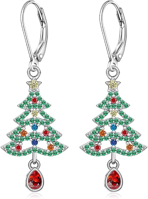 Christmas Tree Earrings for Women Sterling Silver Jewelry Gift | Holiday Winter Drop Dangle Xmas Cute Christmas Jewelry Gifts for Wife Mom