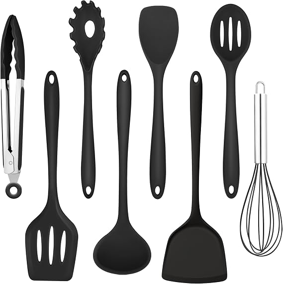 Homikit Kitchen Utensils 8-Piece Silicone Kitchen Utensils Set Heat-Resistant Black Cooking Utensils Cookware with Spatula for Cooking Baking Healthy and Non-Stick Dishwasher Safe