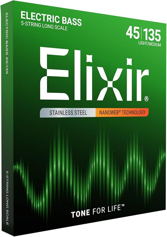 Elixir Strings, Electric Bass Guitar Strings, Stainless Steel with NANOWEB Technology, Longest-Lasting Bright Tone with Comfortable Feel, 5-String Set, Long Scale, Light/Medium 45-135