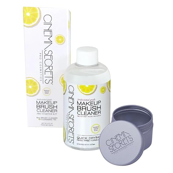Cinema Secrets Original Makeup Brush Cleaner Kit - Professional Cleanser + Cleansing Tin for Makeup Brushes - Quick-Drying, Rinse-Free Formula - Removes Stubborn Waterproof Make Up - Lemon (8 fl oz)