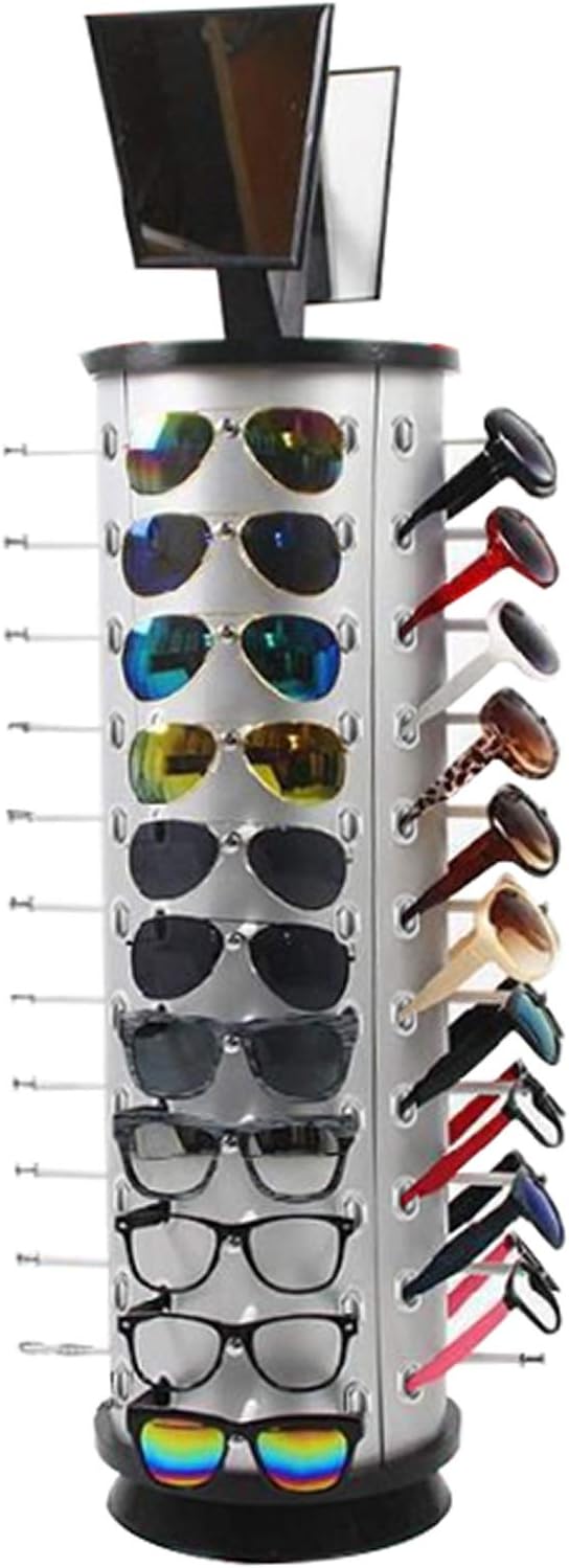 LOYALHEARTDY Glasses Display Stand, 360 Rotating Round Sunglasses & Eyewear Holder Display Rack Counter Top Sunglasses Display Rack with Mirror, Sunglasses Rack Holder for 44 Pairs Glasses