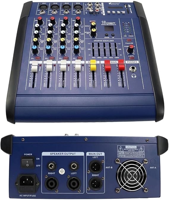 800W Powered Amplifier Audio Mixer, 4 Channel Professional Audio Mixer, Sound Board Console MP3 48V Phantom Power USB Interface DJ Mixer for Home Karaoke Party Computer Studio