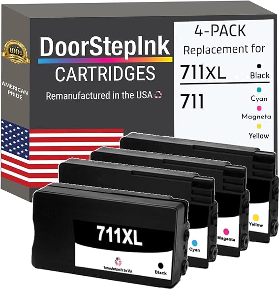 DoorStepInk 711XL Black/711 Cyan/711 Magenta/711 Yellow Remanufactured Ink Cartridge Replacement for HP 711XL/711 Compatible with DesignJet T120/T520 High Yield 4-Pack